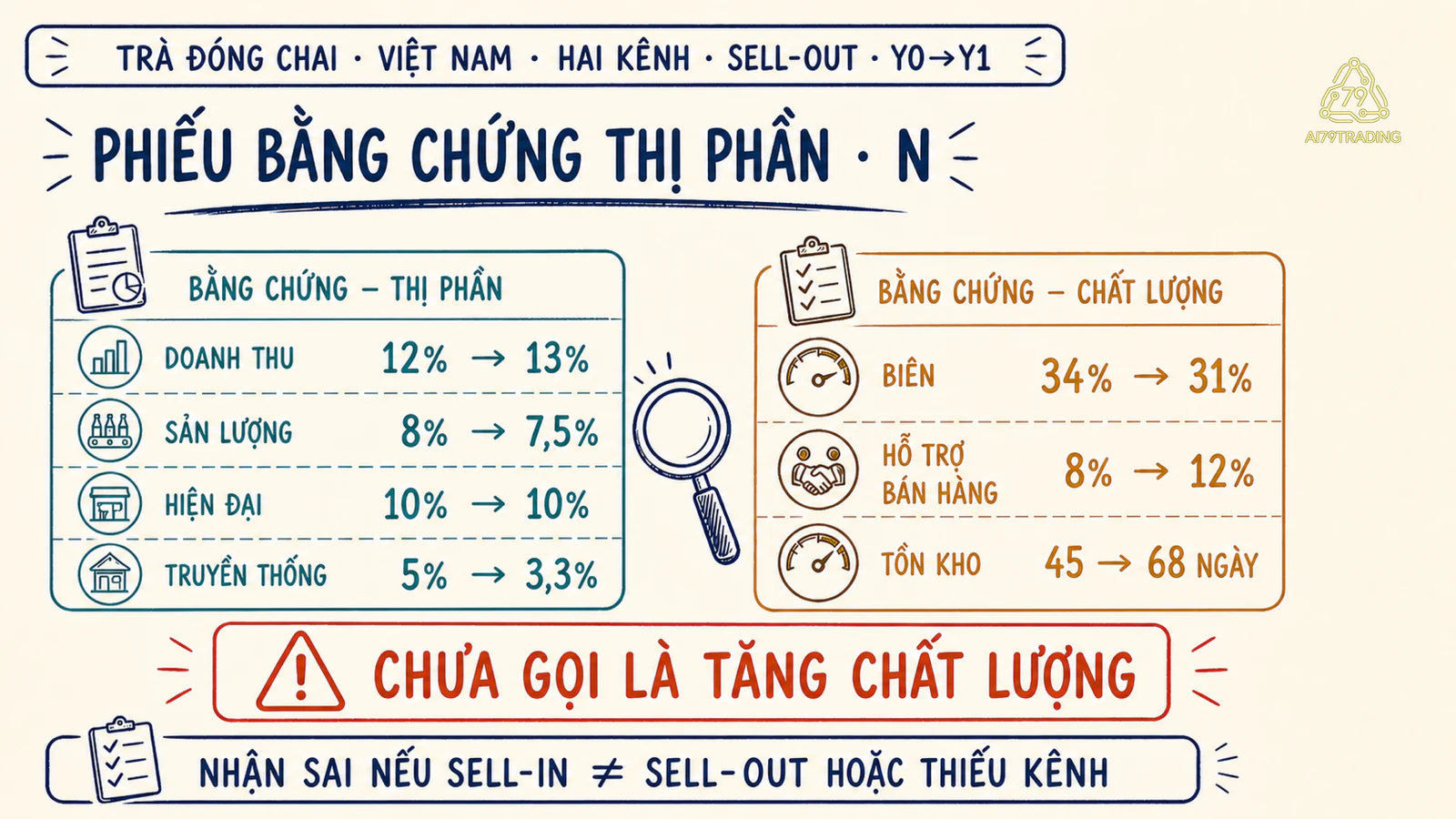 Phiếu bằng chứng của N với hai loại thị phần, cầu kênh và thẻ chất lượng biên, hỗ trợ bán hàng, tồn kho