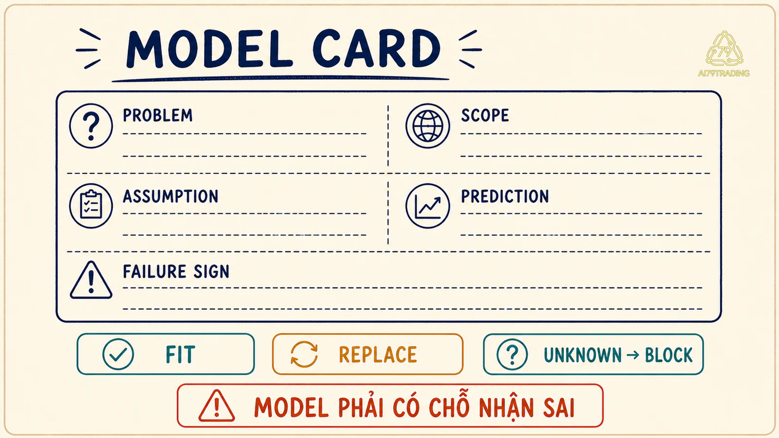 Model Card gồm problem scope assumption prediction failure sign