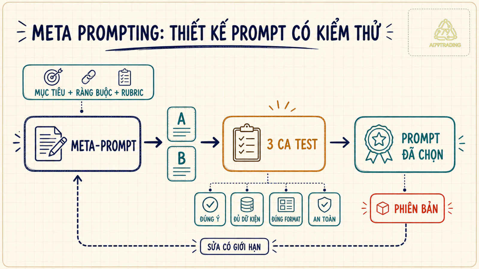 Sơ đồ Meta Prompting từ mục tiêu và rubric qua meta-prompt, ca kiểm thử đến prompt được chọn