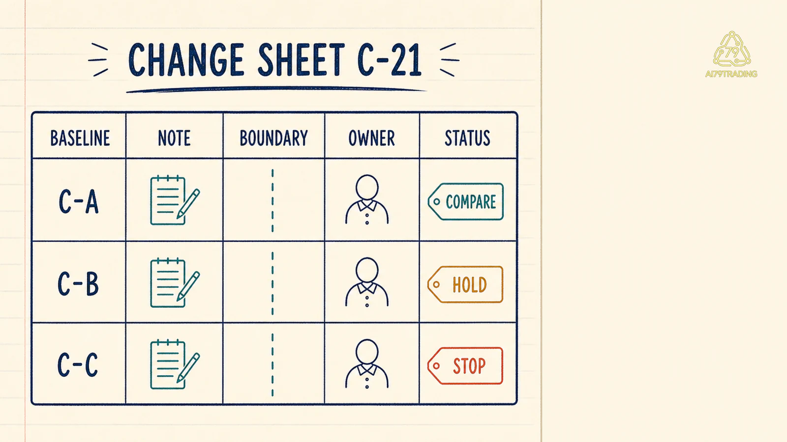 Worksheet Change Card C-21 ba hàng mock có baseline, change note, boundary, owner và review status