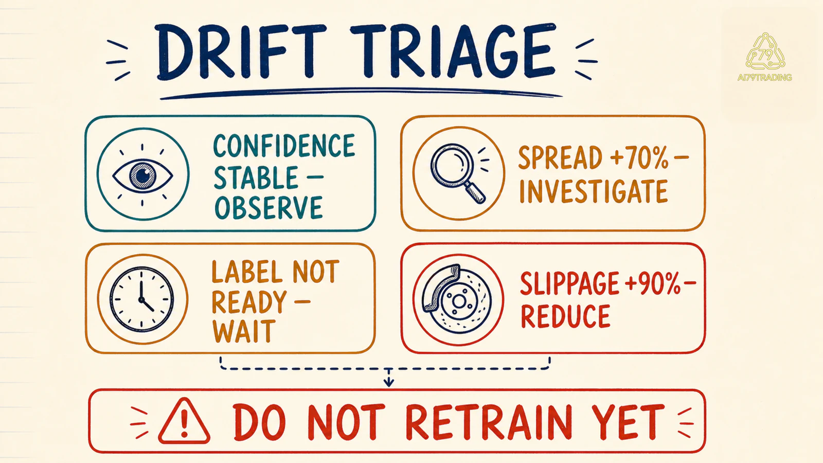 Drift Triage Card với các quyết định observe investigate reduce wait và rollback
