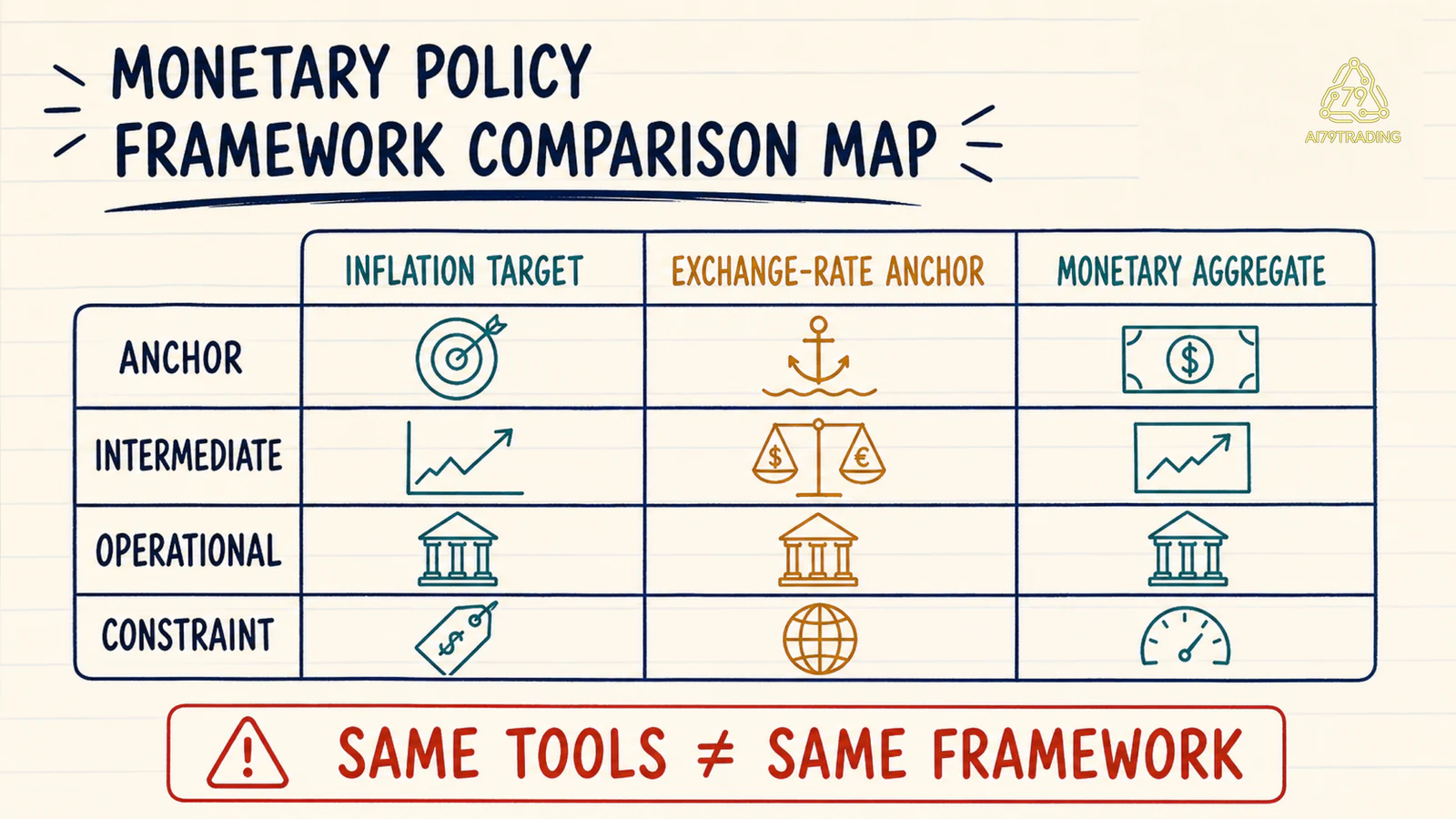 Bản đồ so sánh inflation target, exchange-rate anchor và monetary aggregate theo anchor, intermediate target, operational target và constraint