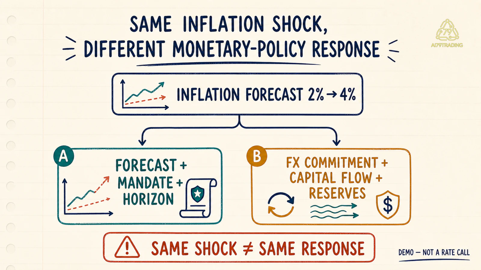 Hai nhánh phản ứng trước cùng inflation shock theo forecast và mandate hoặc cam kết tỷ giá và dòng vốn