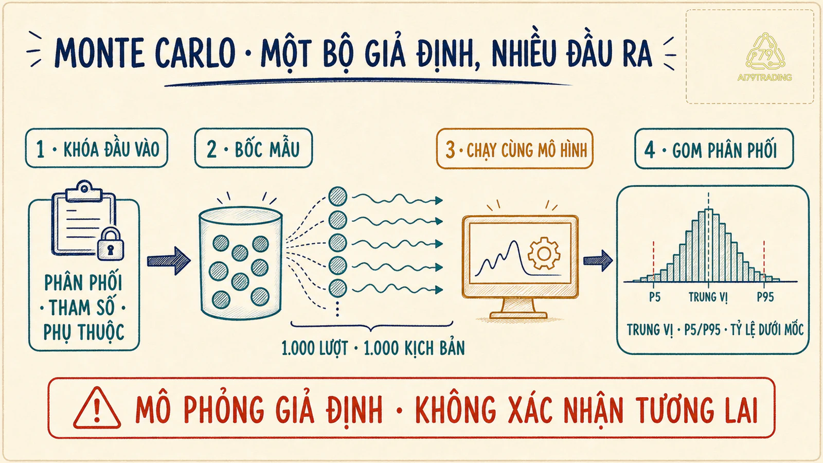 Sơ đồ từ giả định đầu vào qua lấy mẫu và mô hình đến phân phối đầu ra