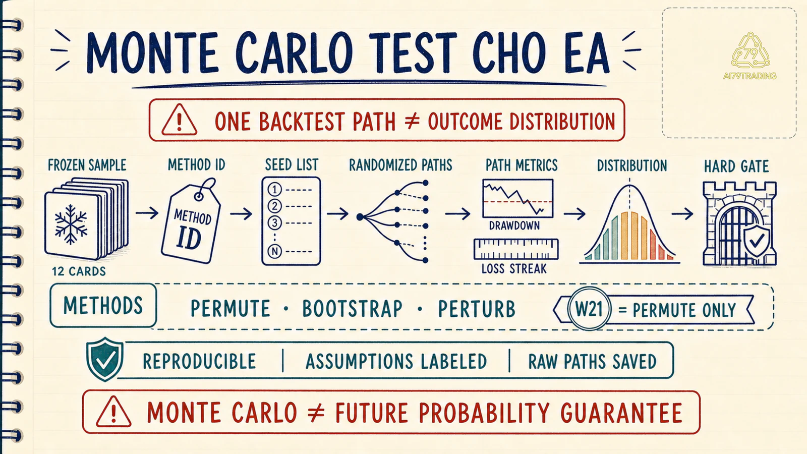 Sơ đồ Monte Carlo stress engine từ sample đóng băng đến distribution và hard gate