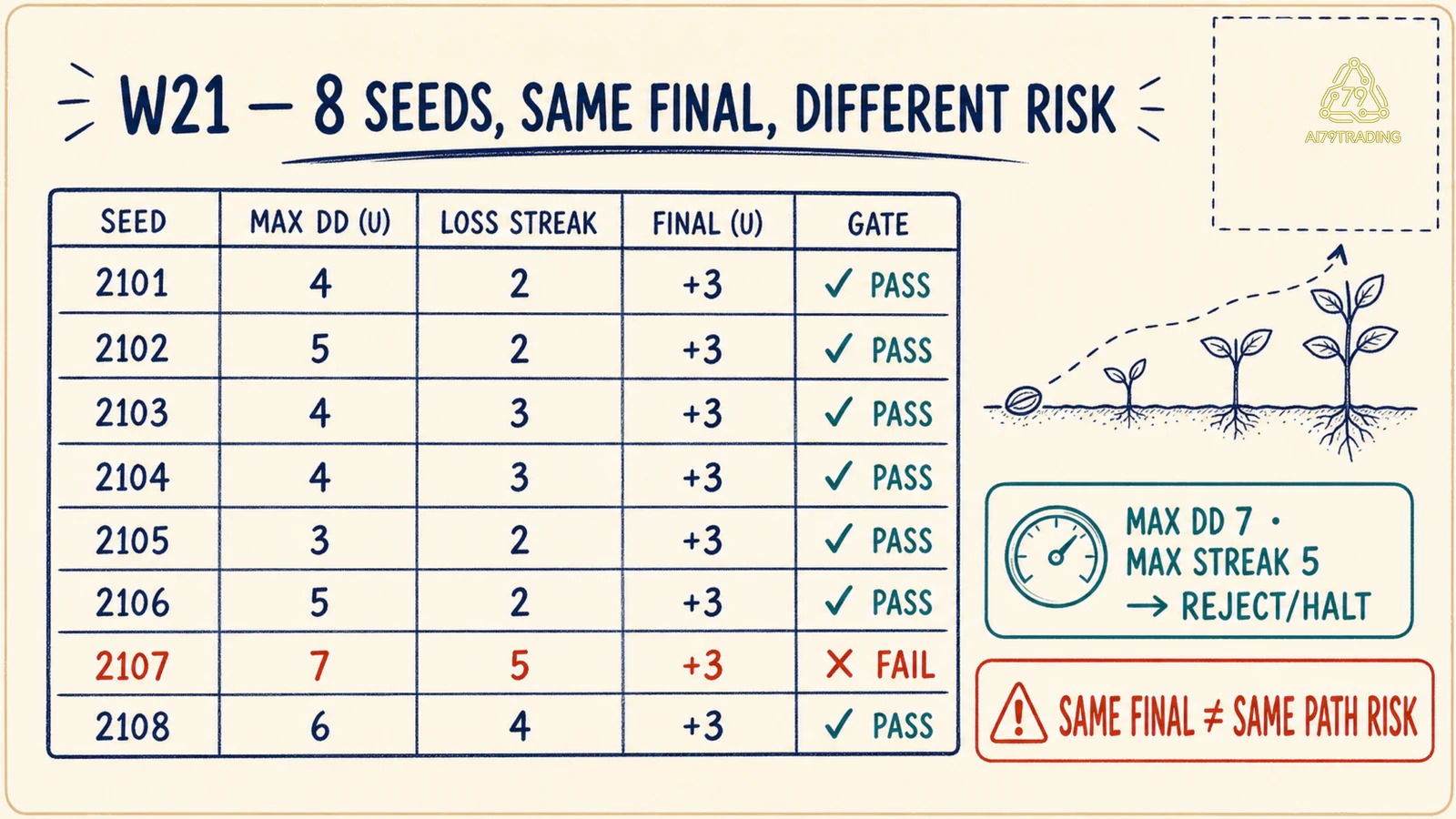 Ledger W21 tám seed cho thấy cùng final ba đơn vị nhưng drawdown và loss streak khác nhau