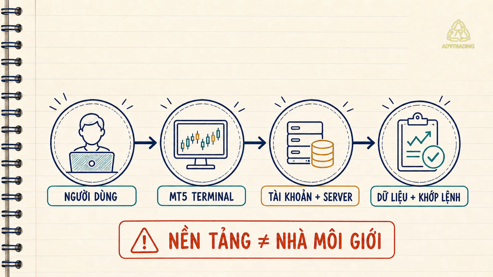 Sơ đồ bốn khối từ người dùng qua MT5 terminal tới tài khoản server và lớp dữ liệu khớp lệnh