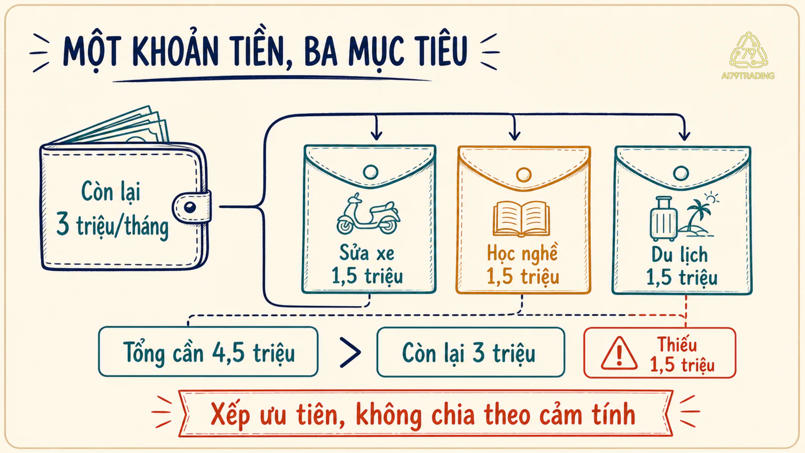 Ba phong bì sửa xe, học nghề và du lịch cùng chia khoản tiền còn lại 3 triệu đồng mỗi tháng