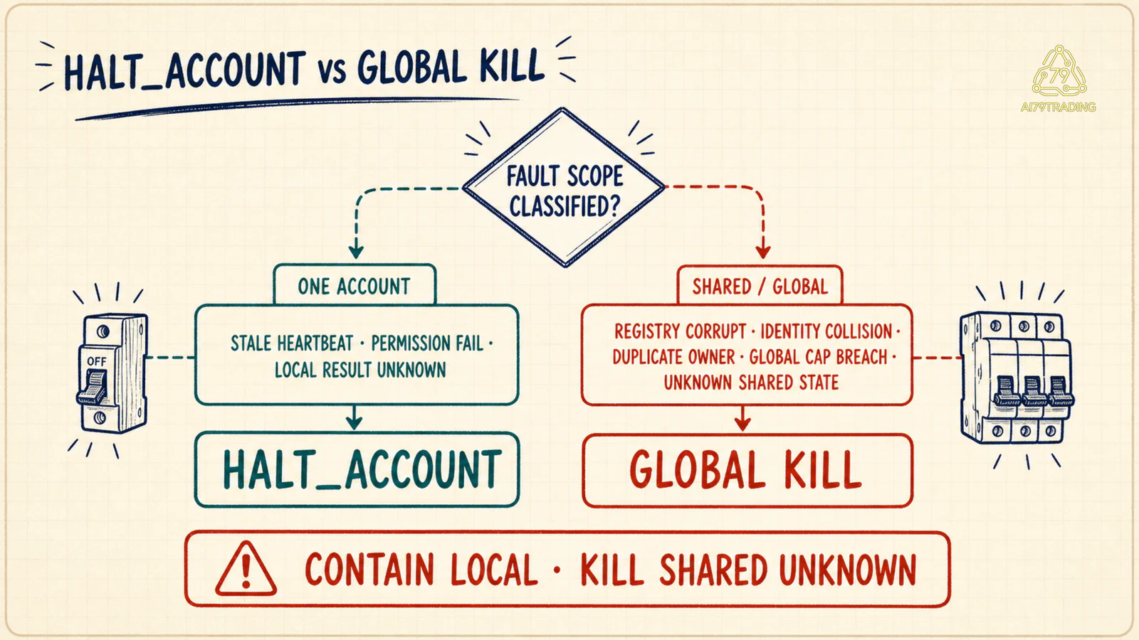 Decision tree account halt so với global kill switch