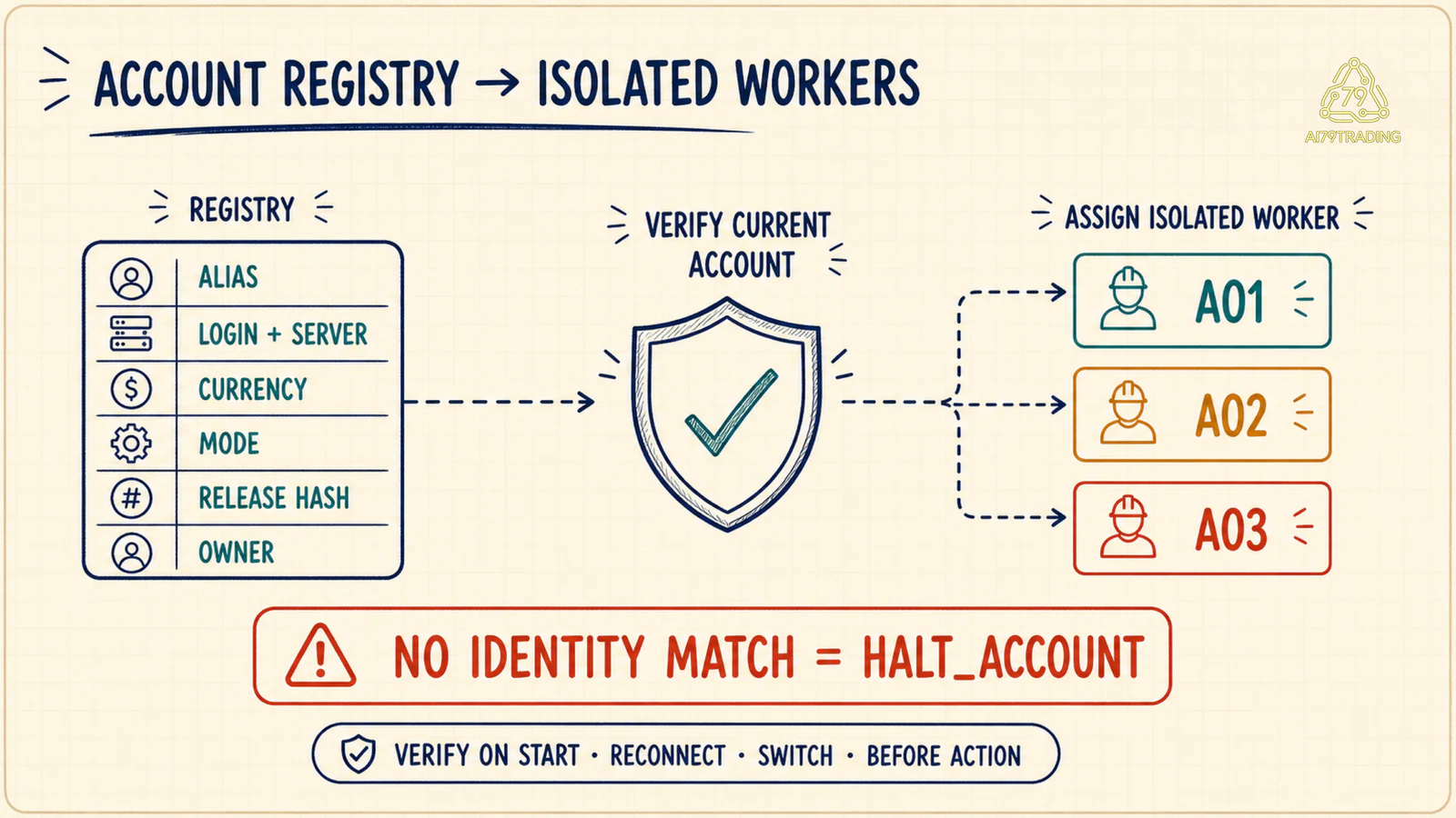 Account registry cấp canonical identity cho ba worker độc lập