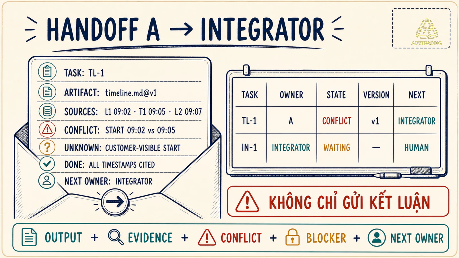 Handoff envelope từ Agent A sang Integrator gồm artifact evidence conflict blocker và next owner