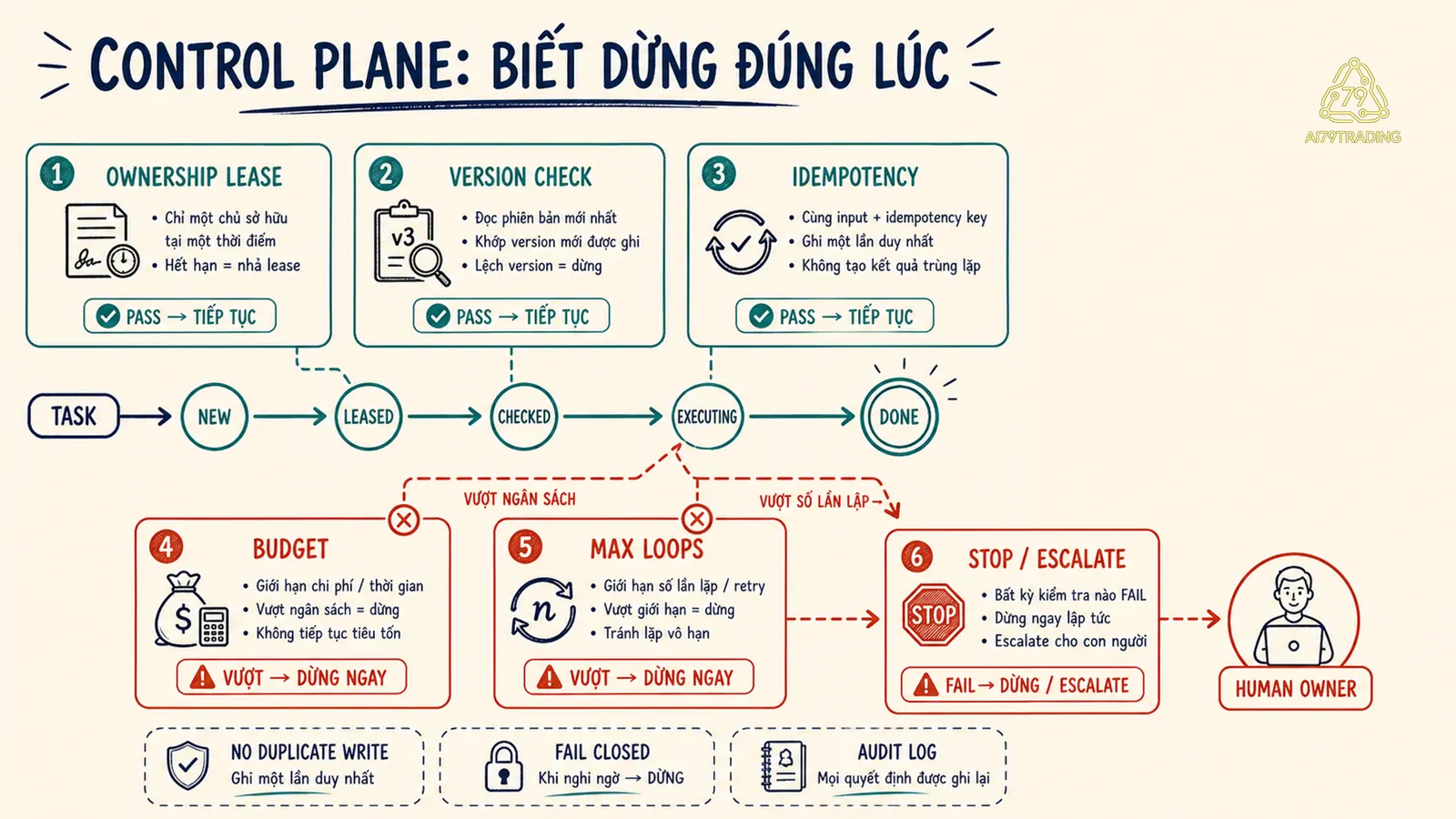 Các kiểm soát ownership version idempotency budget và stop