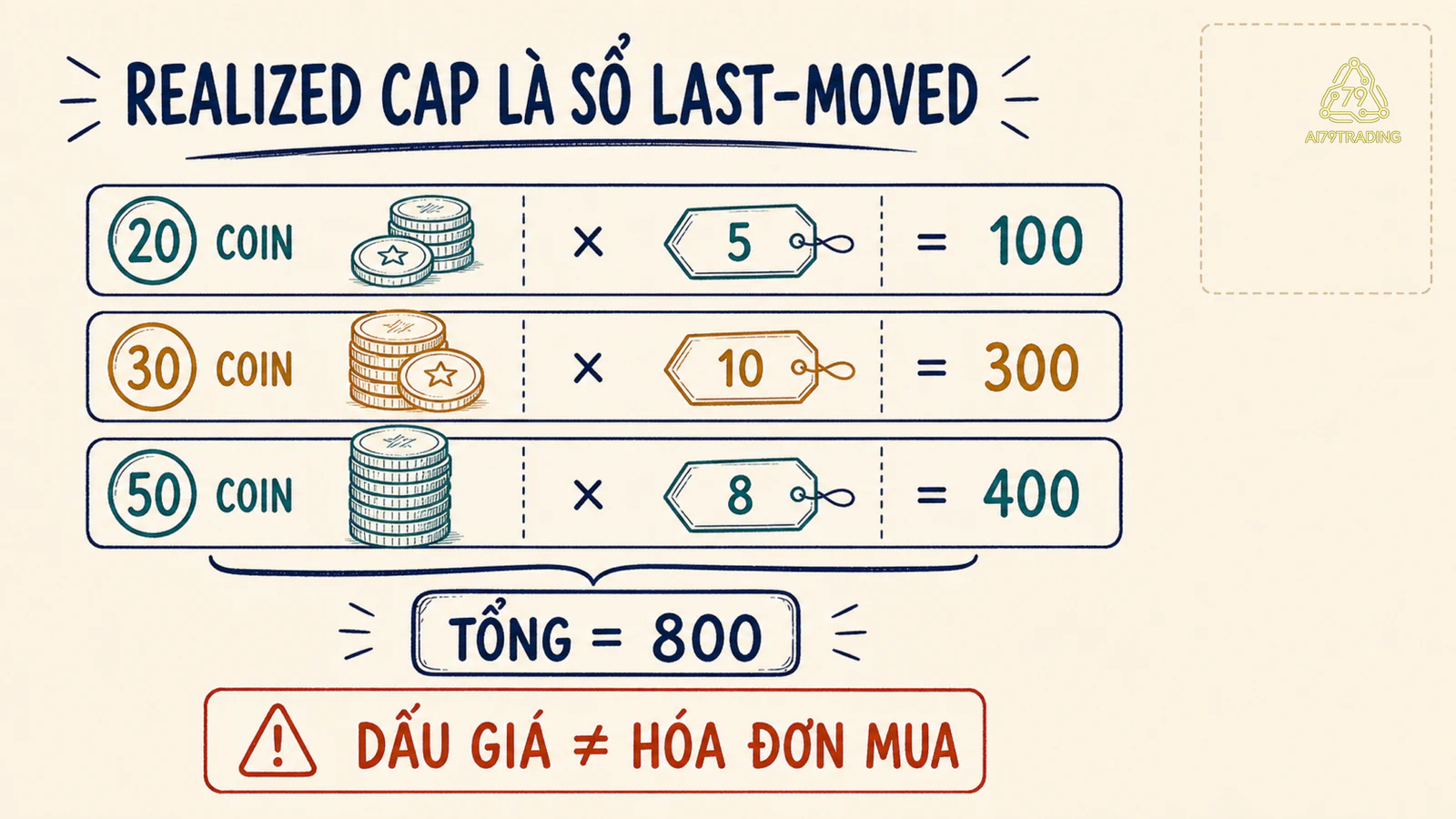 Sổ minh họa ba nhóm coin mang các dấu giá lần di chuyển cuối và cộng thành realized cap