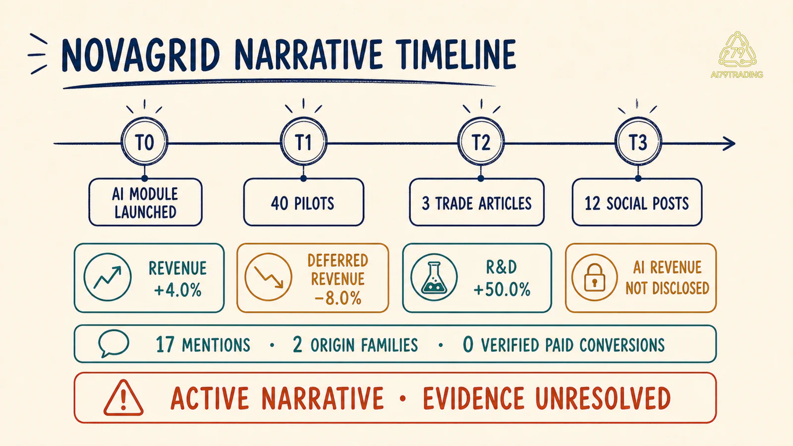 Timeline NovaGrid từ AI module launch và 40 pilots tới 17 mentions cùng các metric revenue deferred revenue và R&amp;D