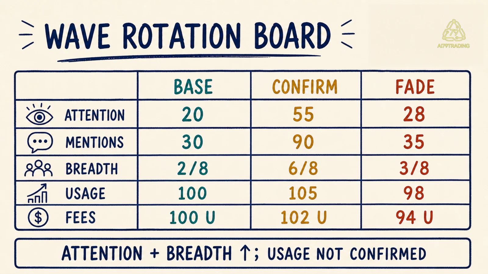 Rotation Board WAVE so sánh Base, Confirm và Fade qua attention, breadth, usage và fees