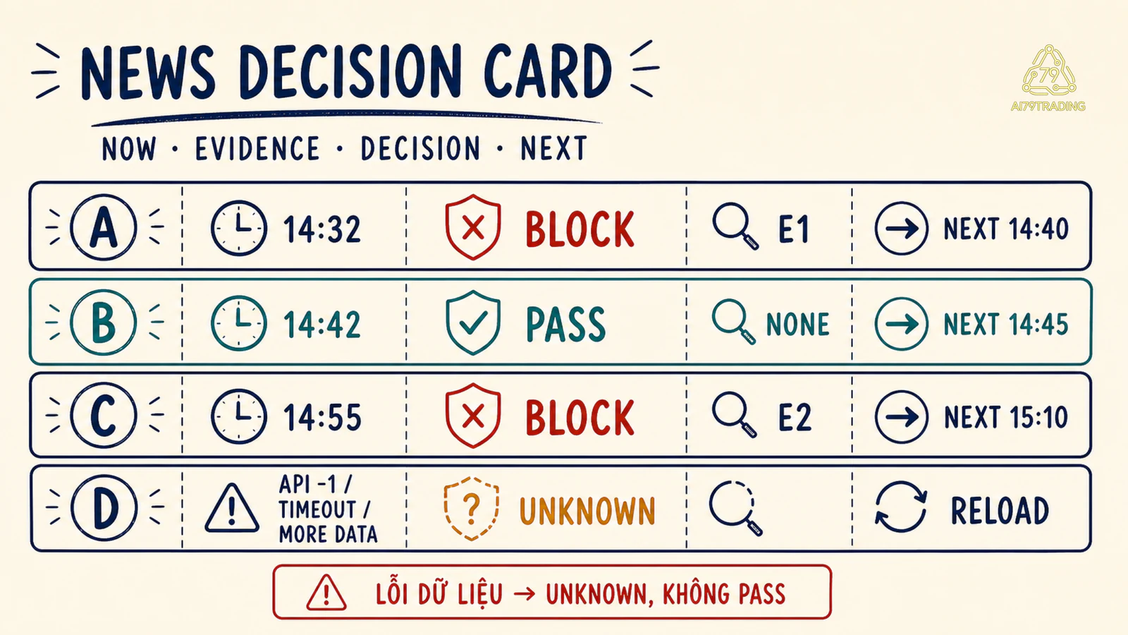 Bốn News Decision Card cho Block Pass Block và Unknown khi lịch lỗi