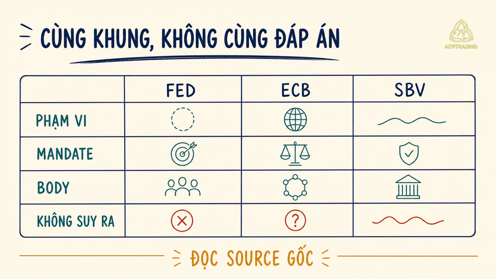 Bảng so sánh dạng lưới Fed ECB và SBV bằng sáu ô chung: phạm vi, mandate, body, công cụ, kênh và điều chưa biết