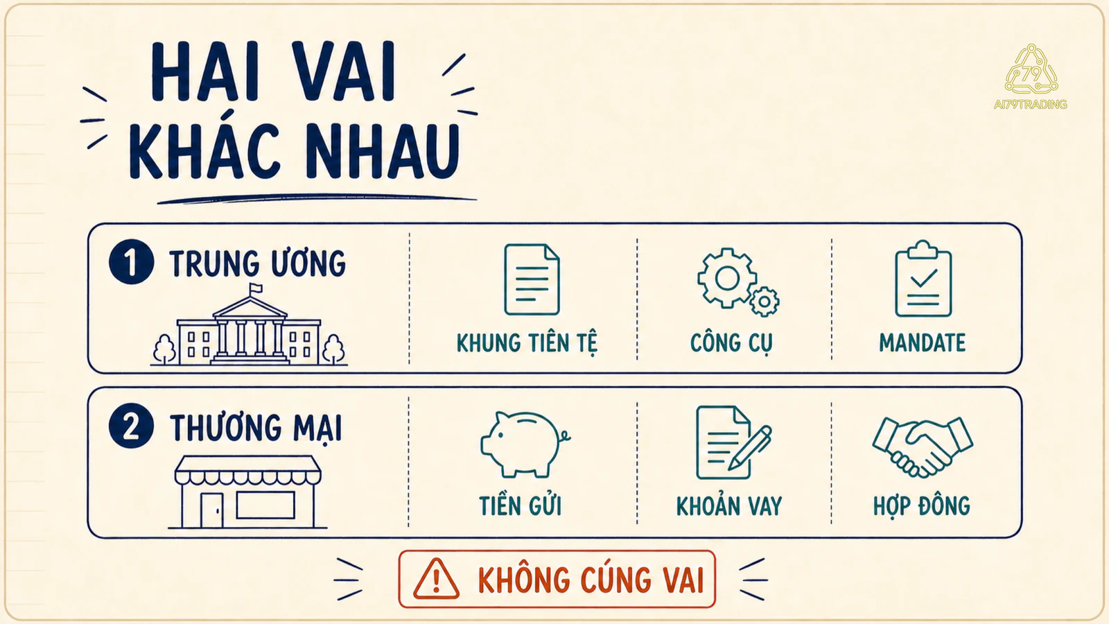Hai lane trên nền notebook kem phân biệt điều hành khung tiền tệ với dịch vụ và hợp đồng của ngân hàng thương mại