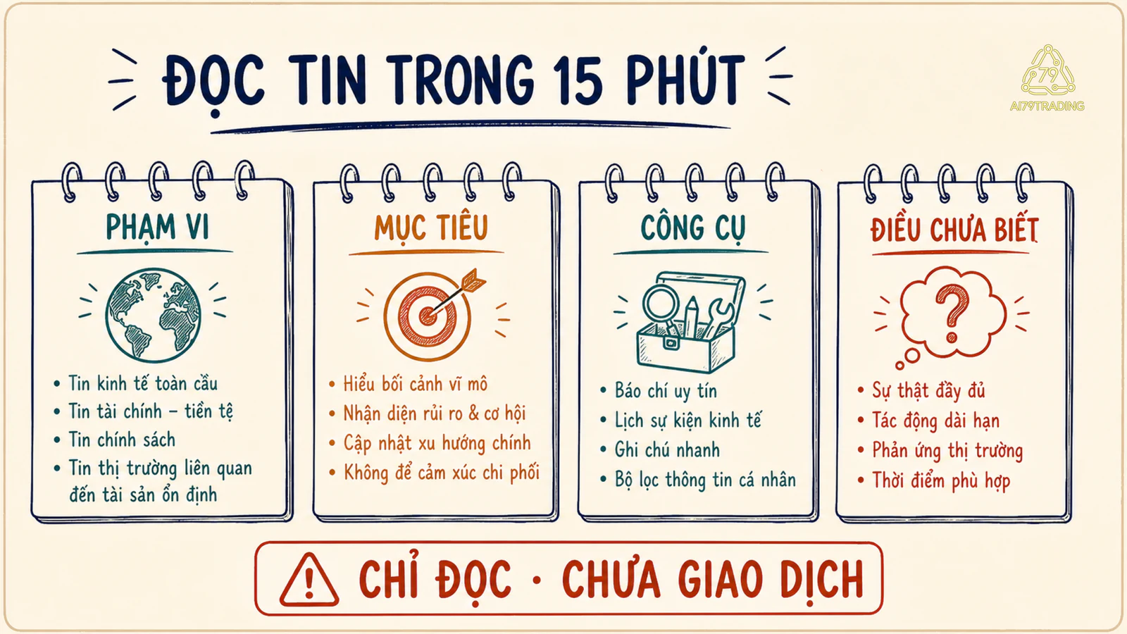 Checklist bốn ô phạm vi, mục tiêu, công cụ và điều chưa biết
