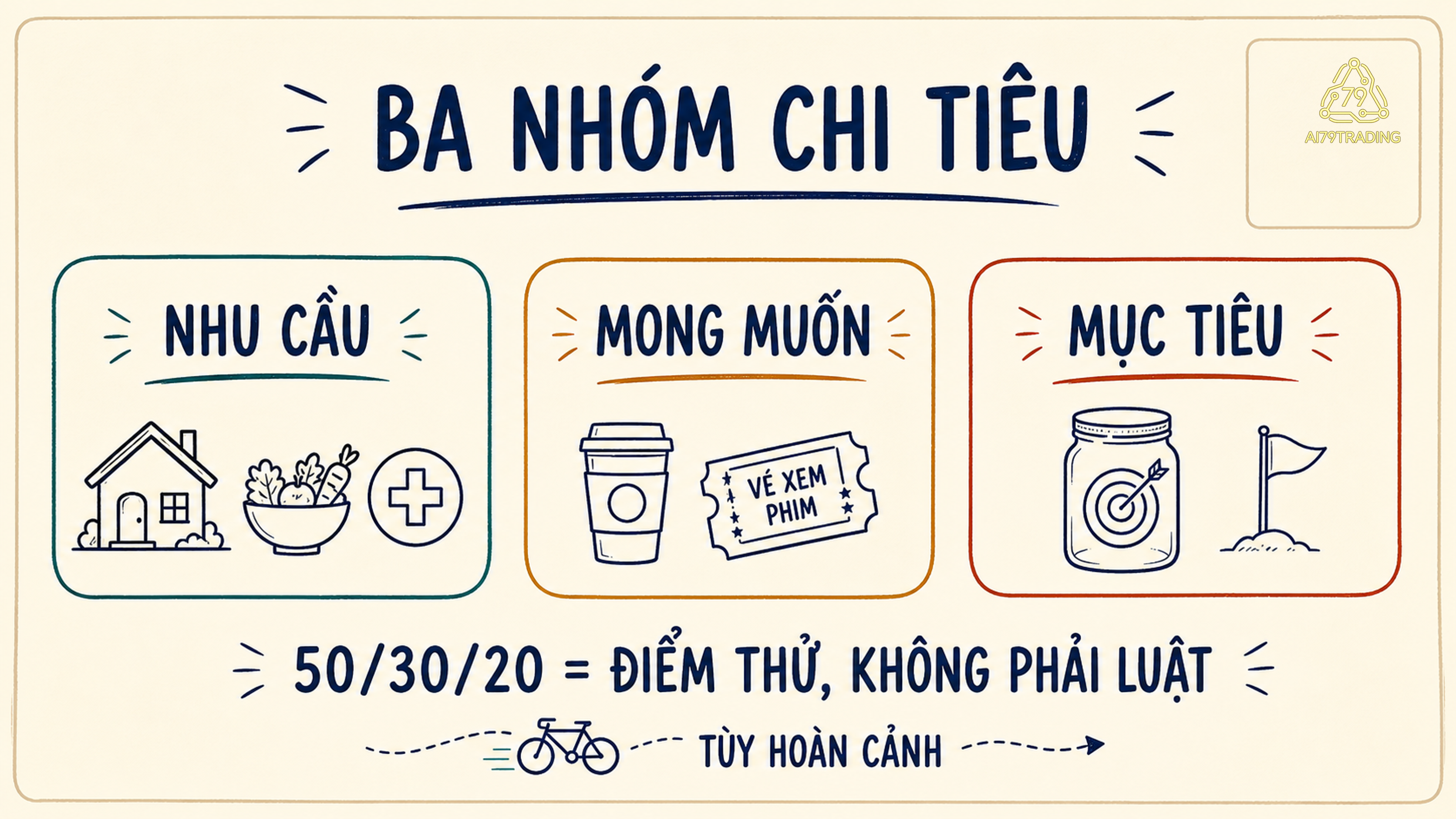Ba nhóm ngân sách nhu cầu, mong muốn và mục tiêu với nhắc nhở quy tắc 50 30 20 chỉ là điểm bắt đầu có thể điều chỉnh