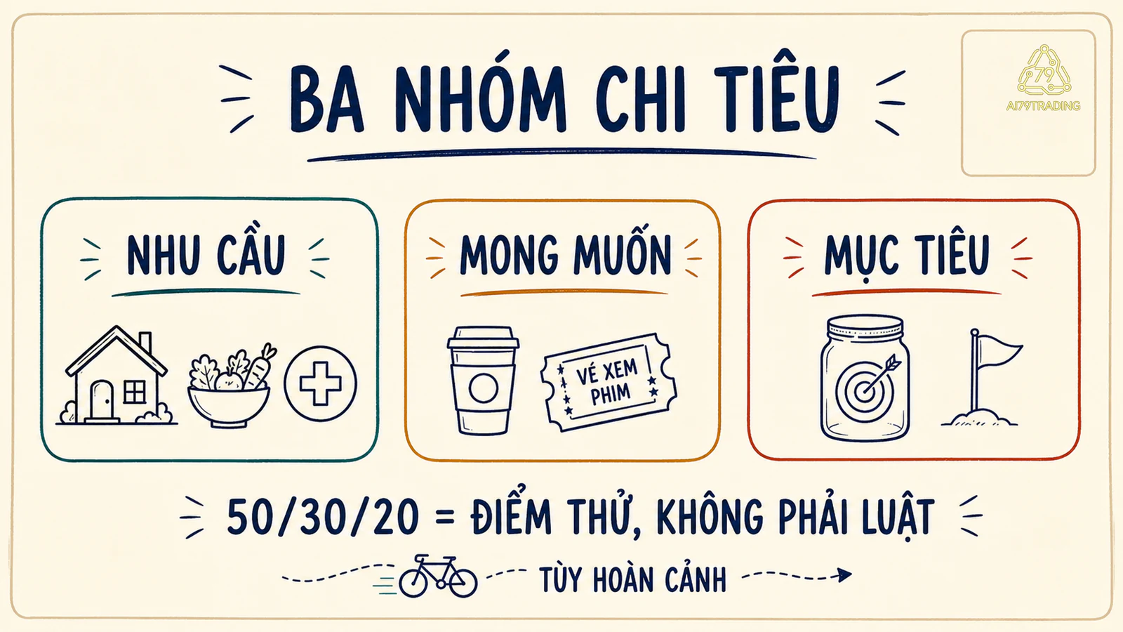 Ba nhóm ngân sách nhu cầu, mong muốn và mục tiêu với nhắc nhở quy tắc 50 30 20 chỉ là điểm bắt đầu có thể điều chỉnh