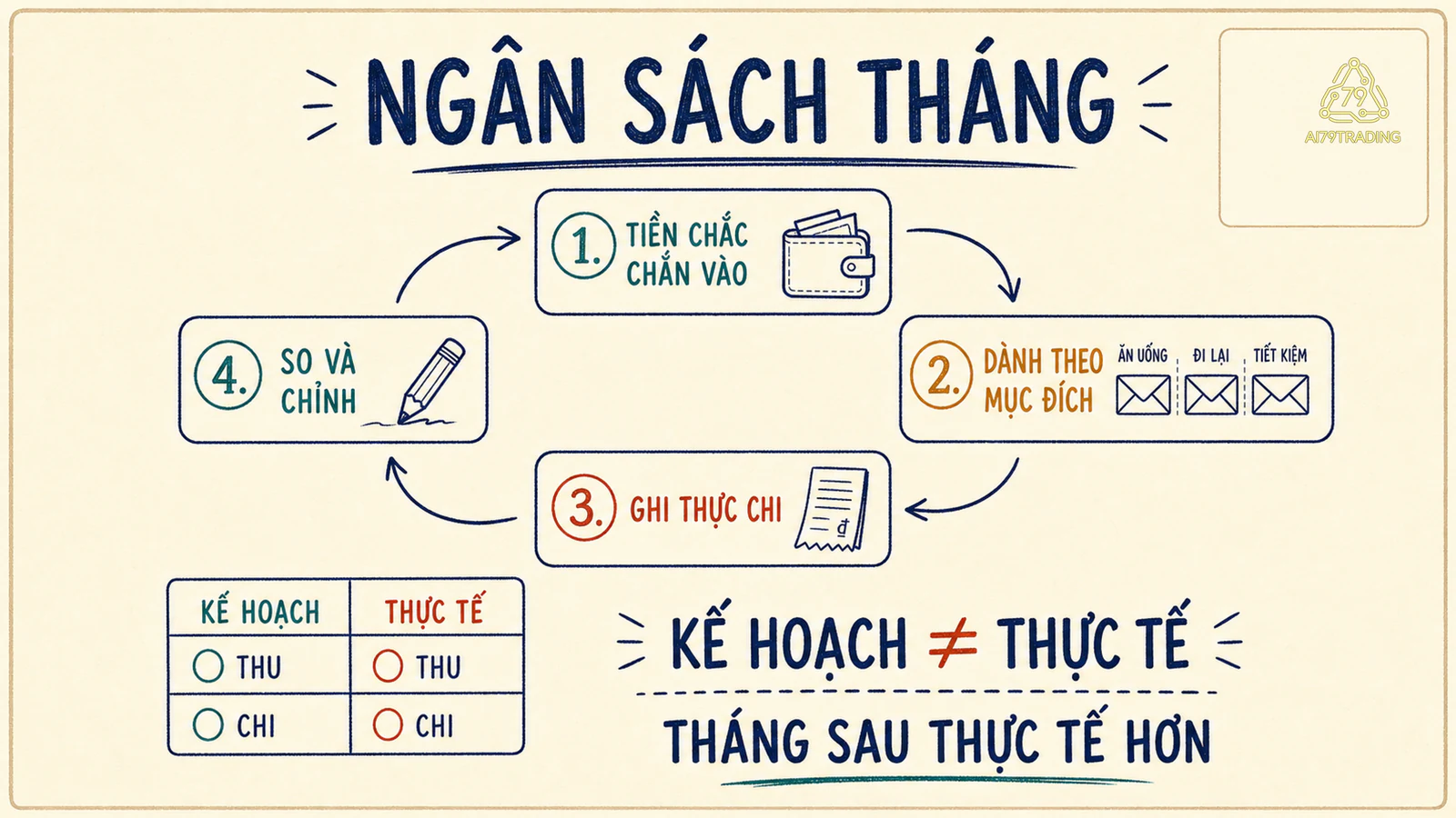 Sơ đồ bốn bước lập ngân sách tháng gồm ghi tiền chắc chắn vào, dành tiền theo mục đích, ghi thực chi rồi so và điều chỉnh