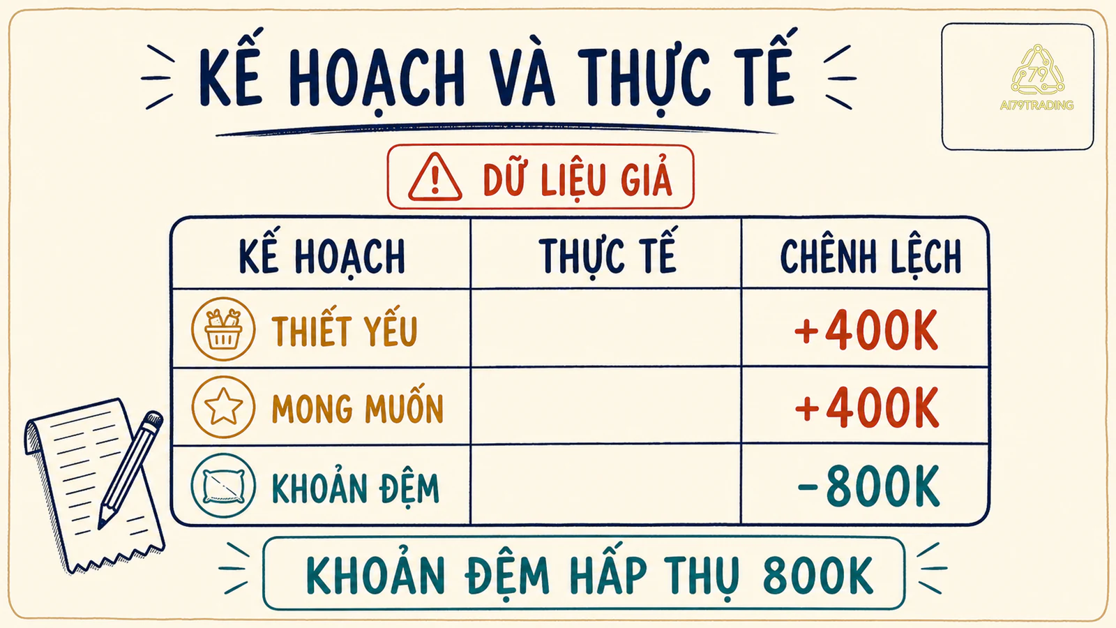 Bảng ngân sách giả so kế hoạch và thực tế, trong đó hai nhóm vượt tổng 800 nghìn đồng được bù bởi khoản đệm