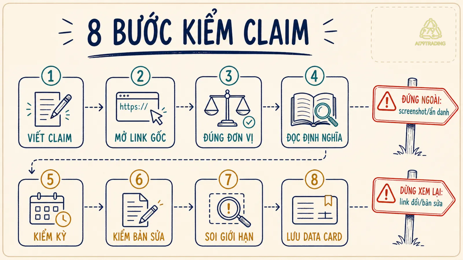 Chuỗi tám bước kiểm tra từ viết claim tới lưu link, kèm hai biển báo đứng ngoài và dừng xem lại