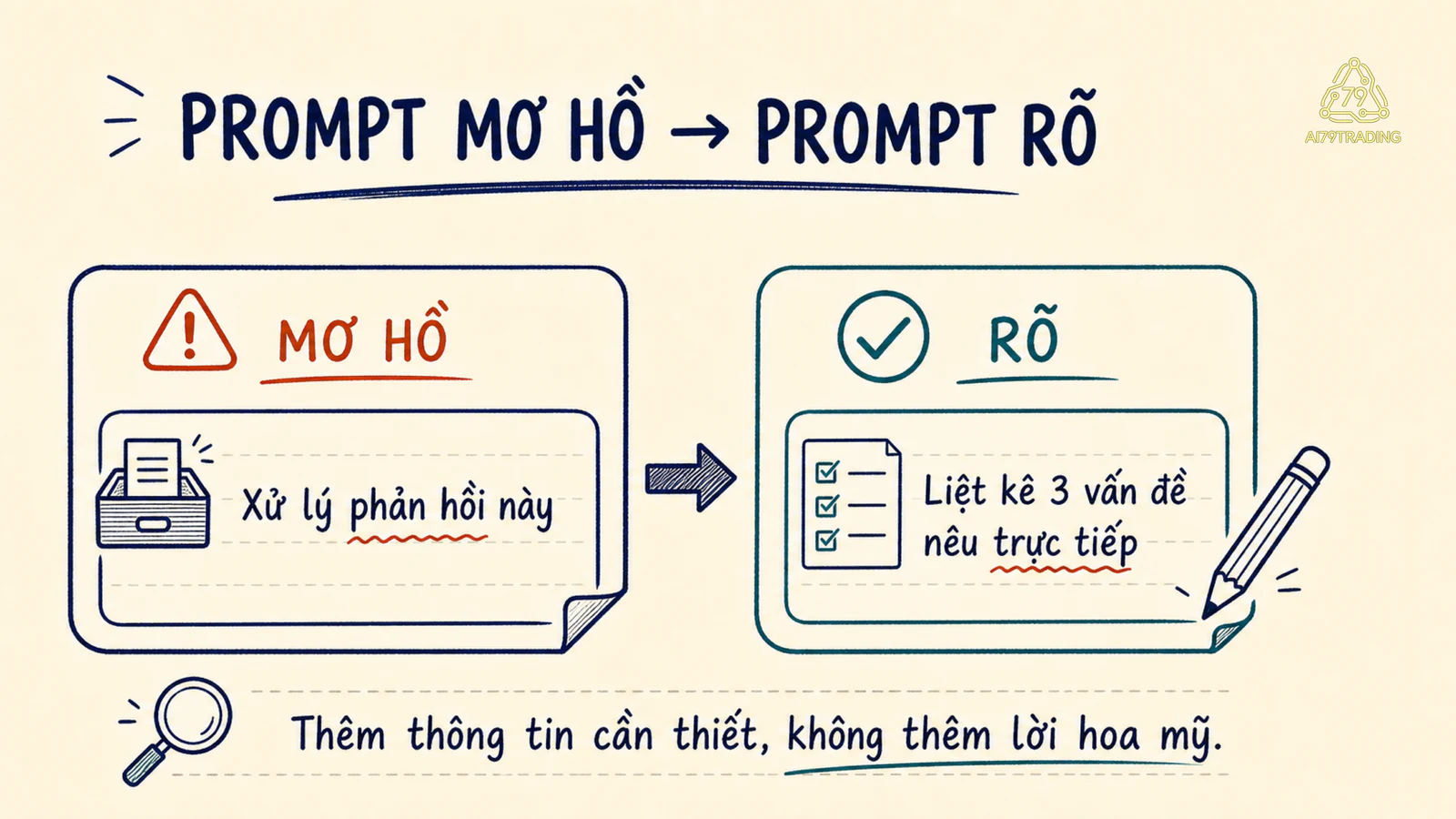 So sánh prompt mơ hồ với prompt rõ theo cùng một phản hồi khách hàng giả lập