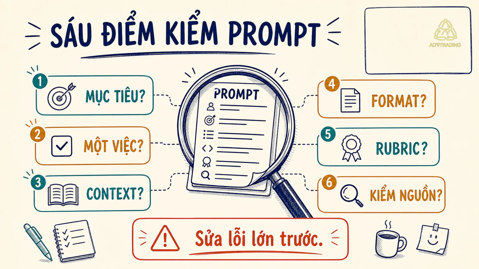 Kính lúp soi sáu điểm cần kiểm trong một prompt