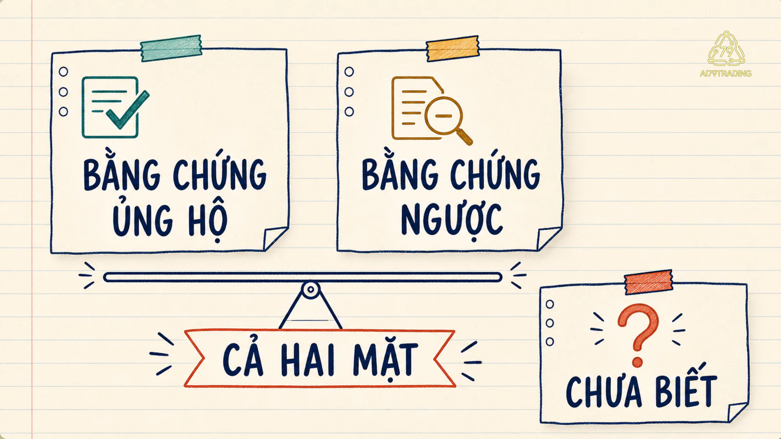 Sơ đồ cân bằng bằng chứng ủng hộ bằng chứng ngược và điều chưa biết trước khi kết luận