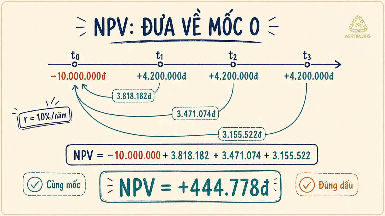 Ba dòng tiền tương lai được chiết khấu về mốc không để tính NPV dương
