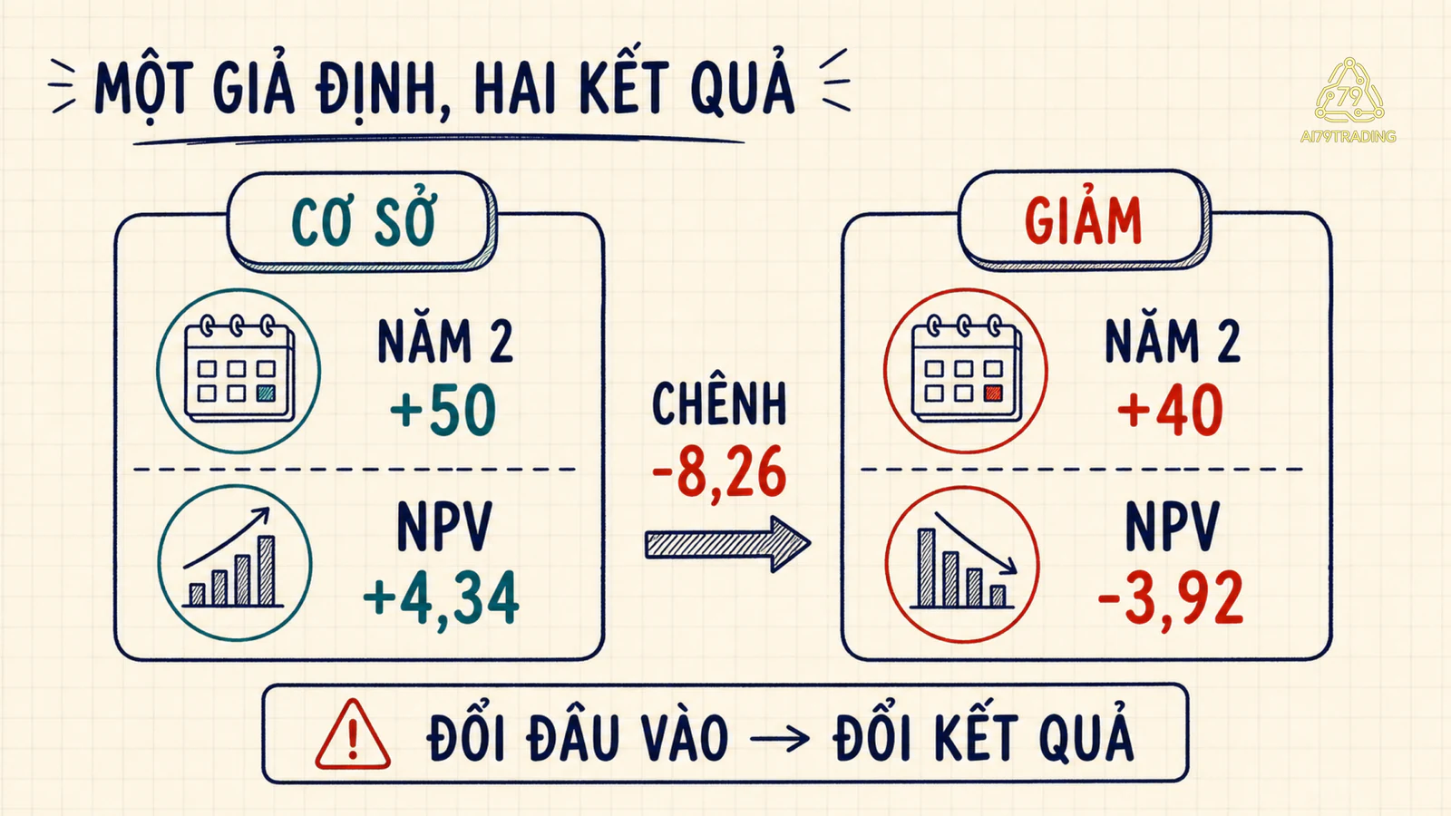 Bảng đối chiếu NPV cơ sở 4,34 triệu và kịch bản năm 2 giảm khiến NPV âm 3,92 triệu