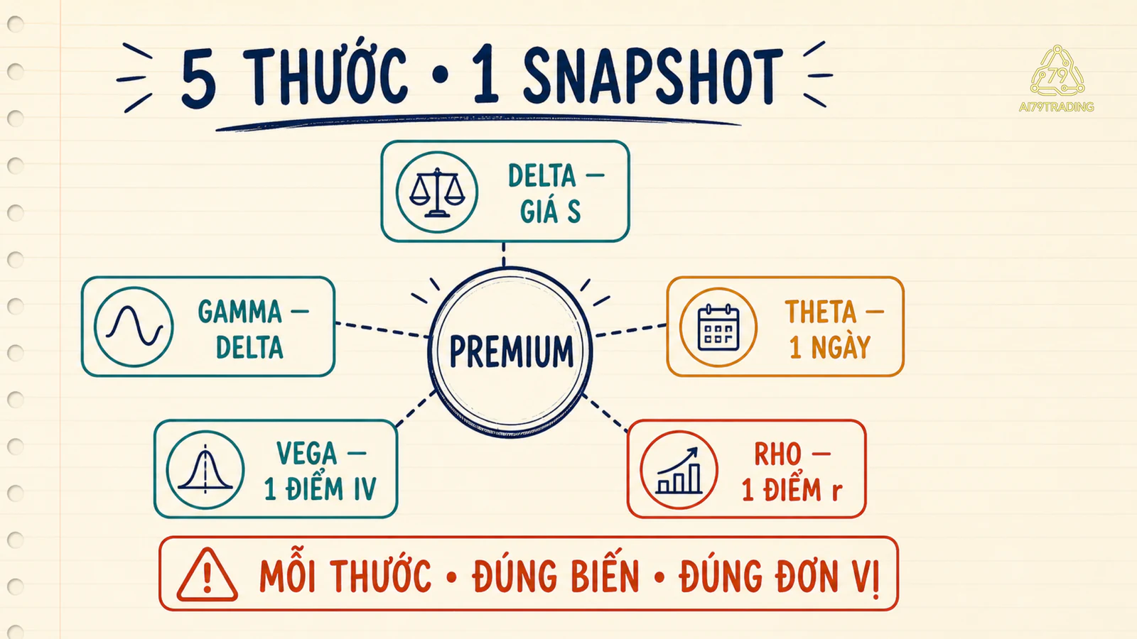 Năm thước Greeks cùng nối vào một premium
