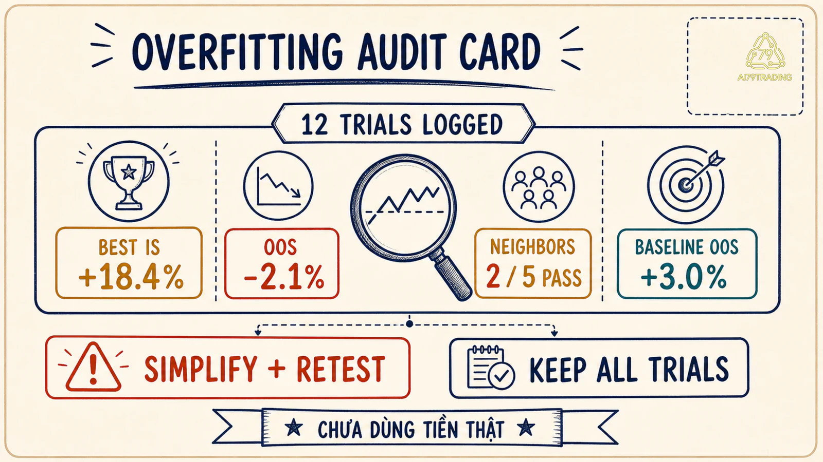 Overfitting Audit Card so sánh trial thắng trong mẫu với baseline ngoài mẫu