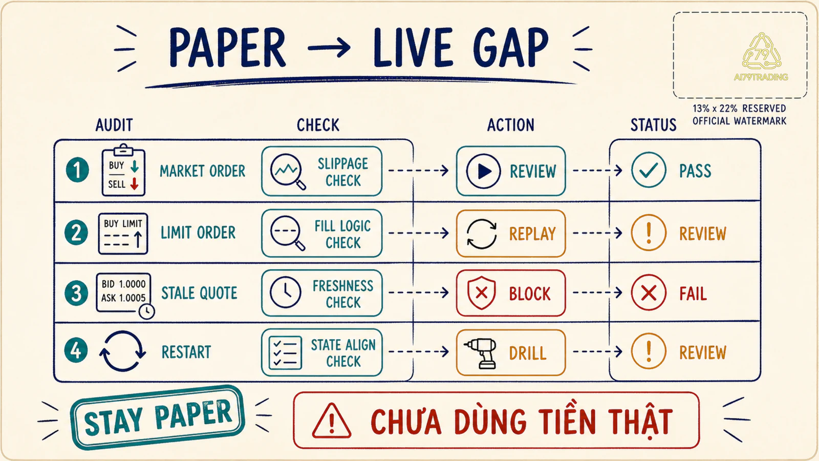Paper to Live Gap Card với các gate review replay block và drill