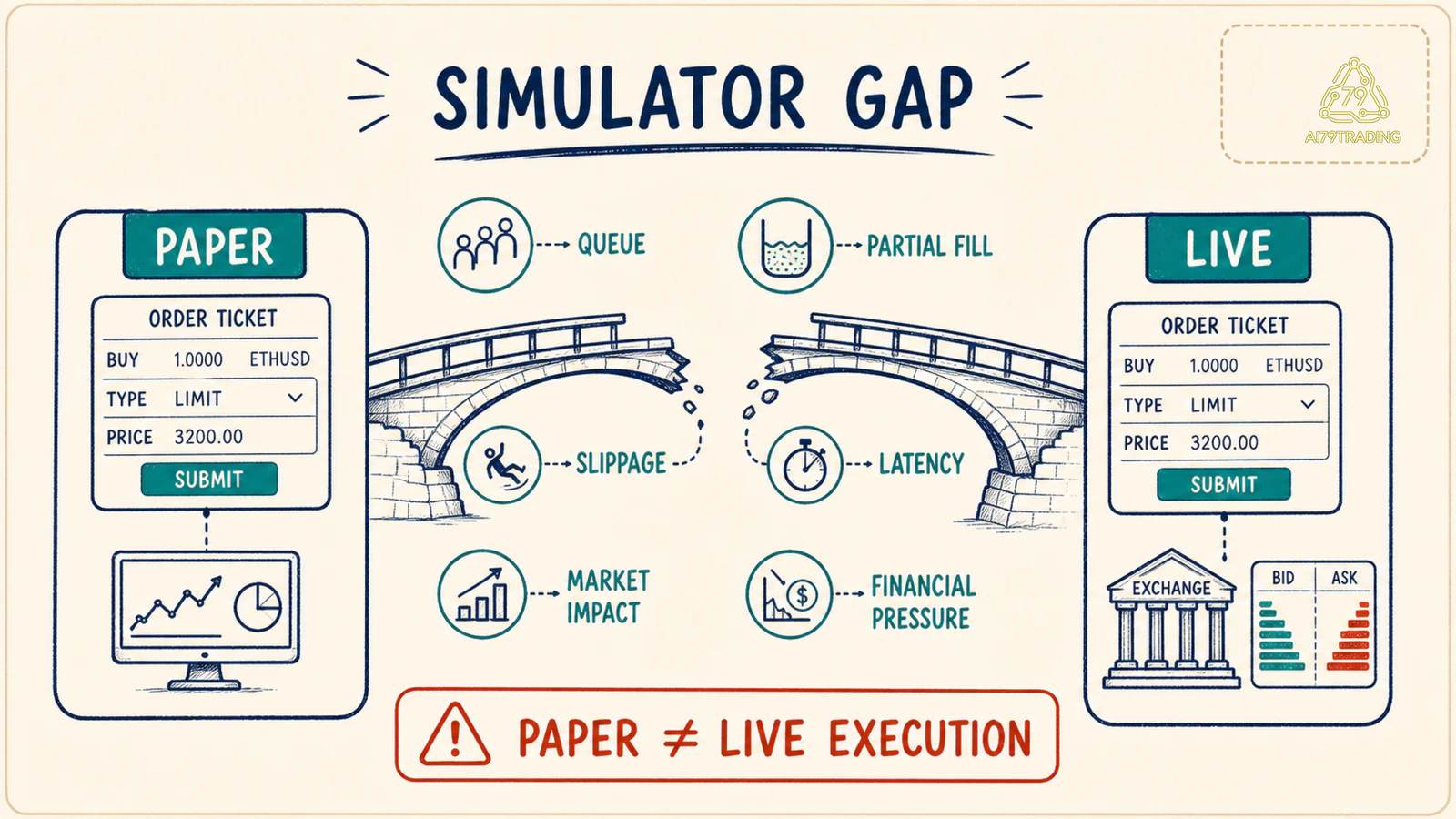 Khoảng cách giữa paper fill và live fill gồm queue slippage latency và tâm lý