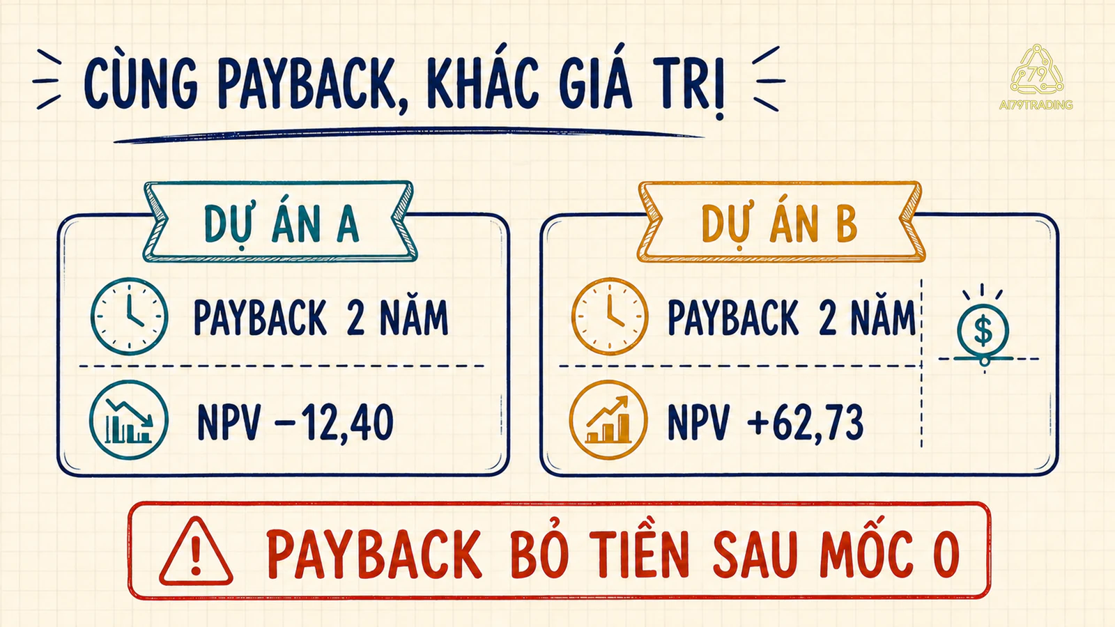 Hai dự án cùng Payback 2 năm nhưng NPV âm 12,40 triệu và dương 62,73 triệu