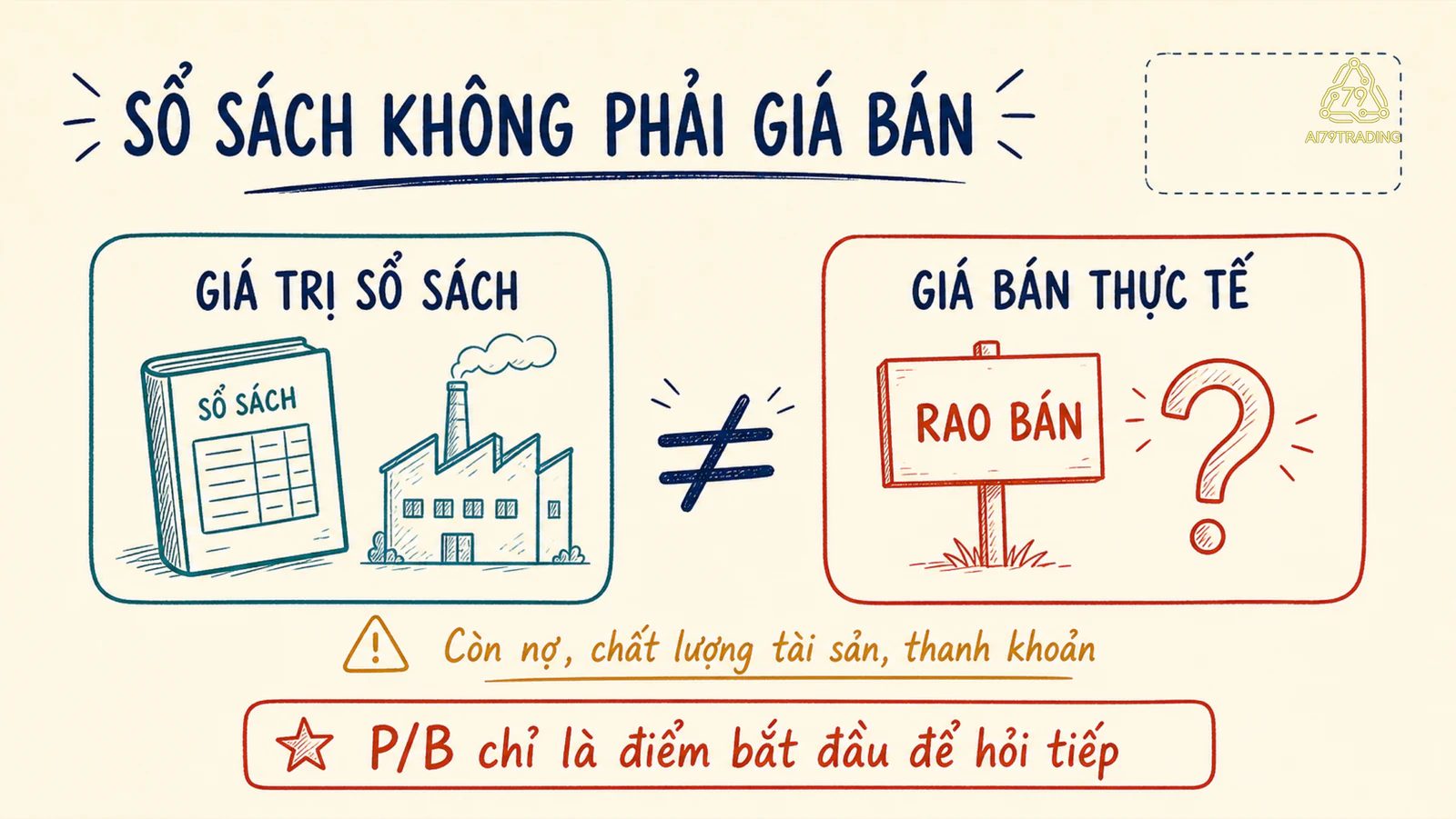 Hai kho hàng với nhãn giá sổ sách và giá bán vội để giải thích khác biệt giữa P/B và giá thanh lý