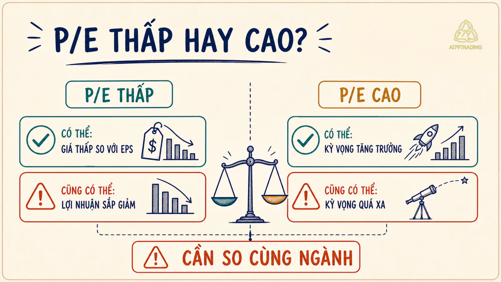Hai cột P/E thấp và P/E cao, mỗi cột có khả năng tích cực và rủi ro cần kiểm tra