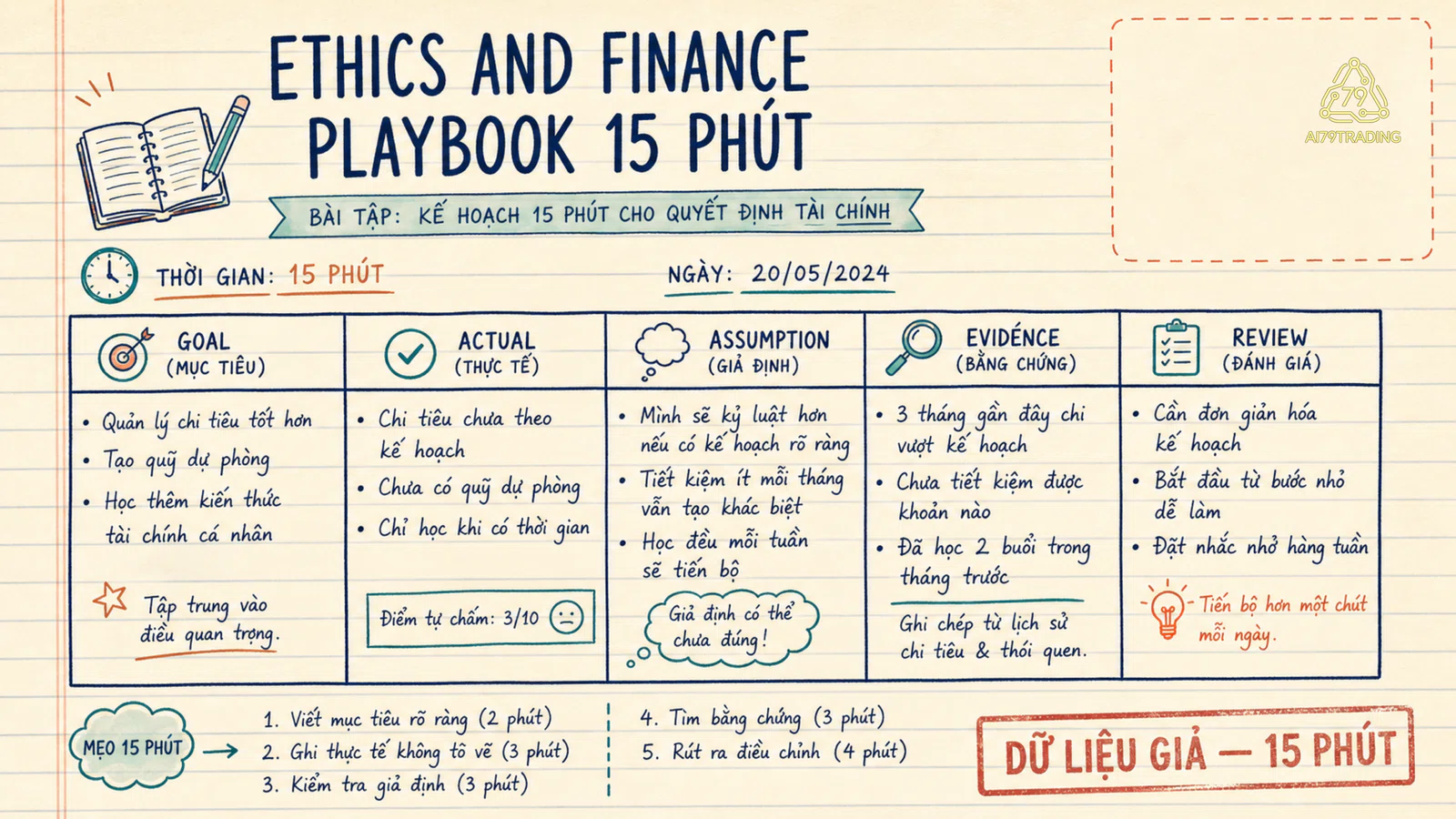 Mẫu playbook tài chính 15 phút với actual assumption evidence và review