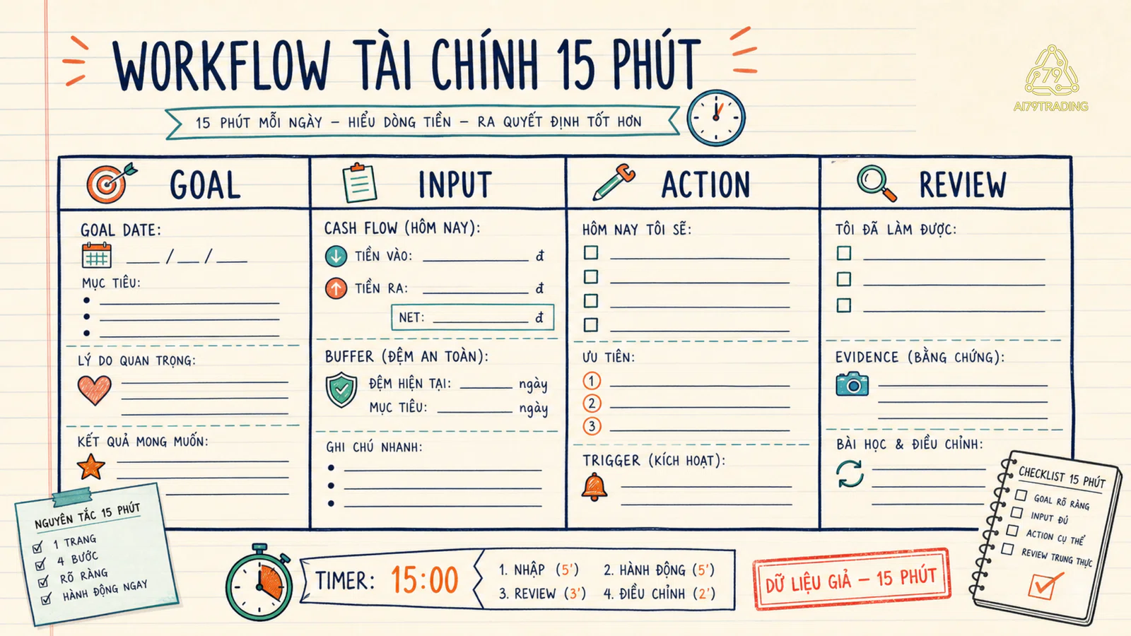 Mẫu workflow lập kế hoạch 15 phút bằng dữ liệu giả