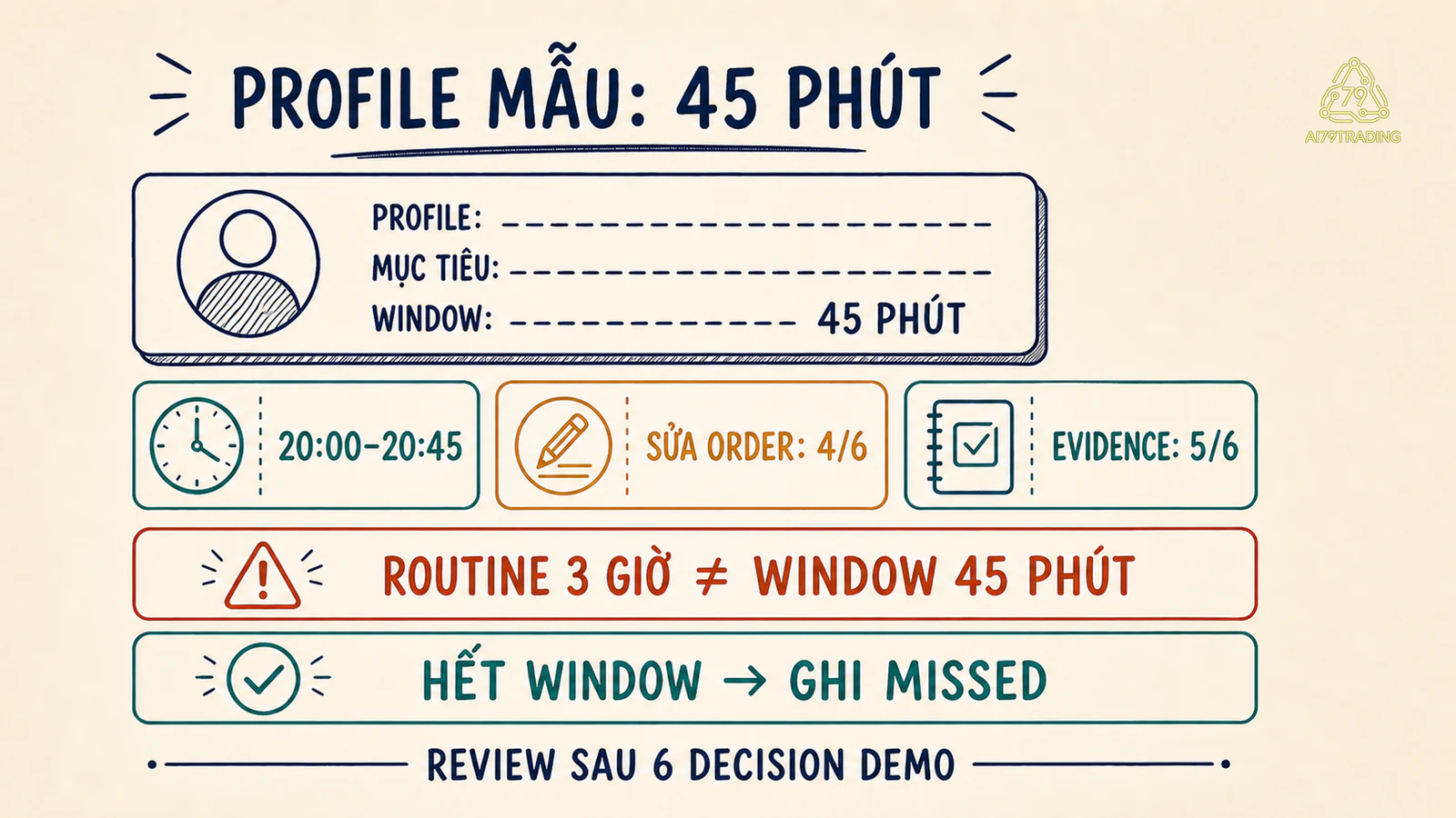 Profile Card mẫu ghi 45 phút, bốn trên sáu lần sửa order và một rule IF THEN để test