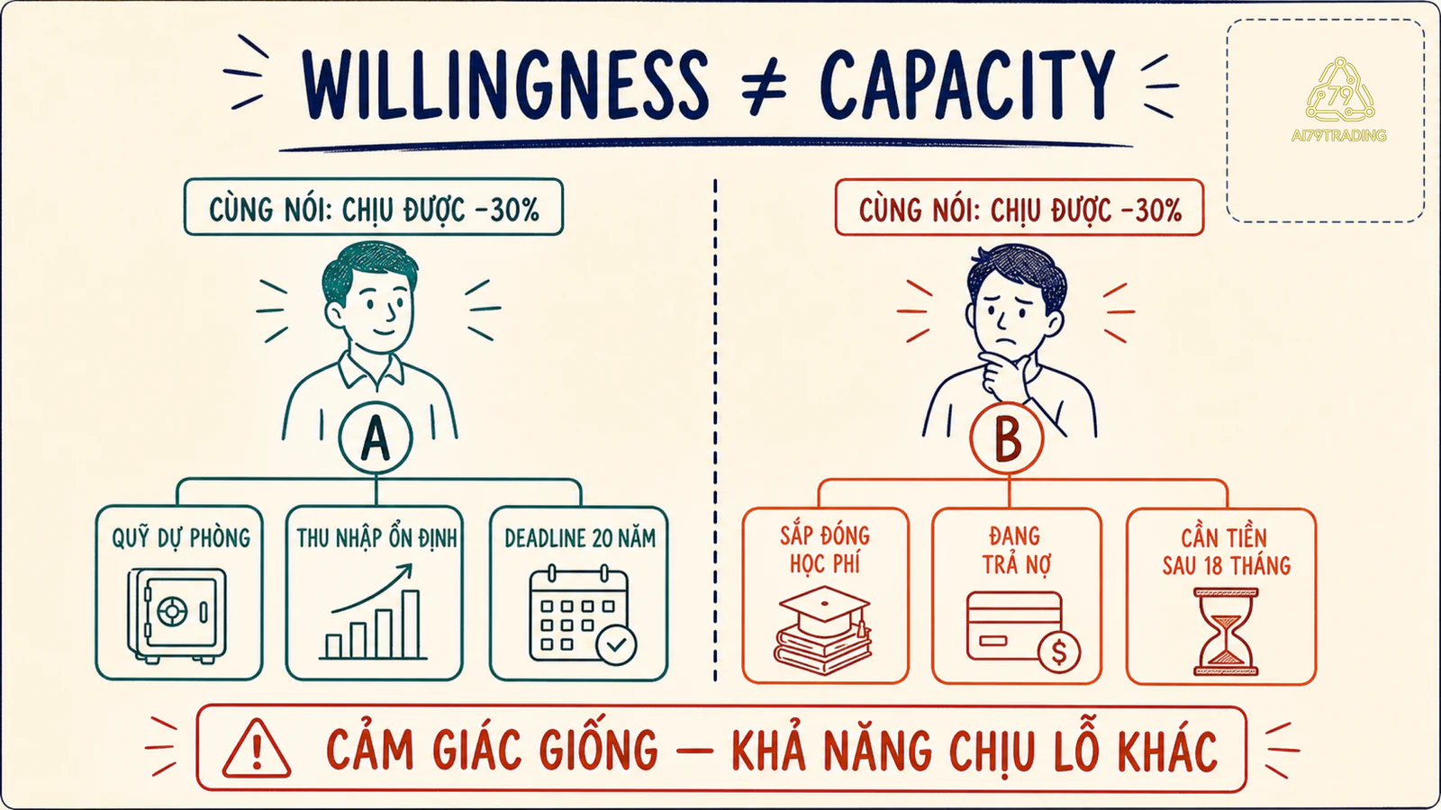 Hai người cùng nói chịu được biến động nhưng một người có quỹ dự phòng và thời gian dài còn người kia sắp cần tiền