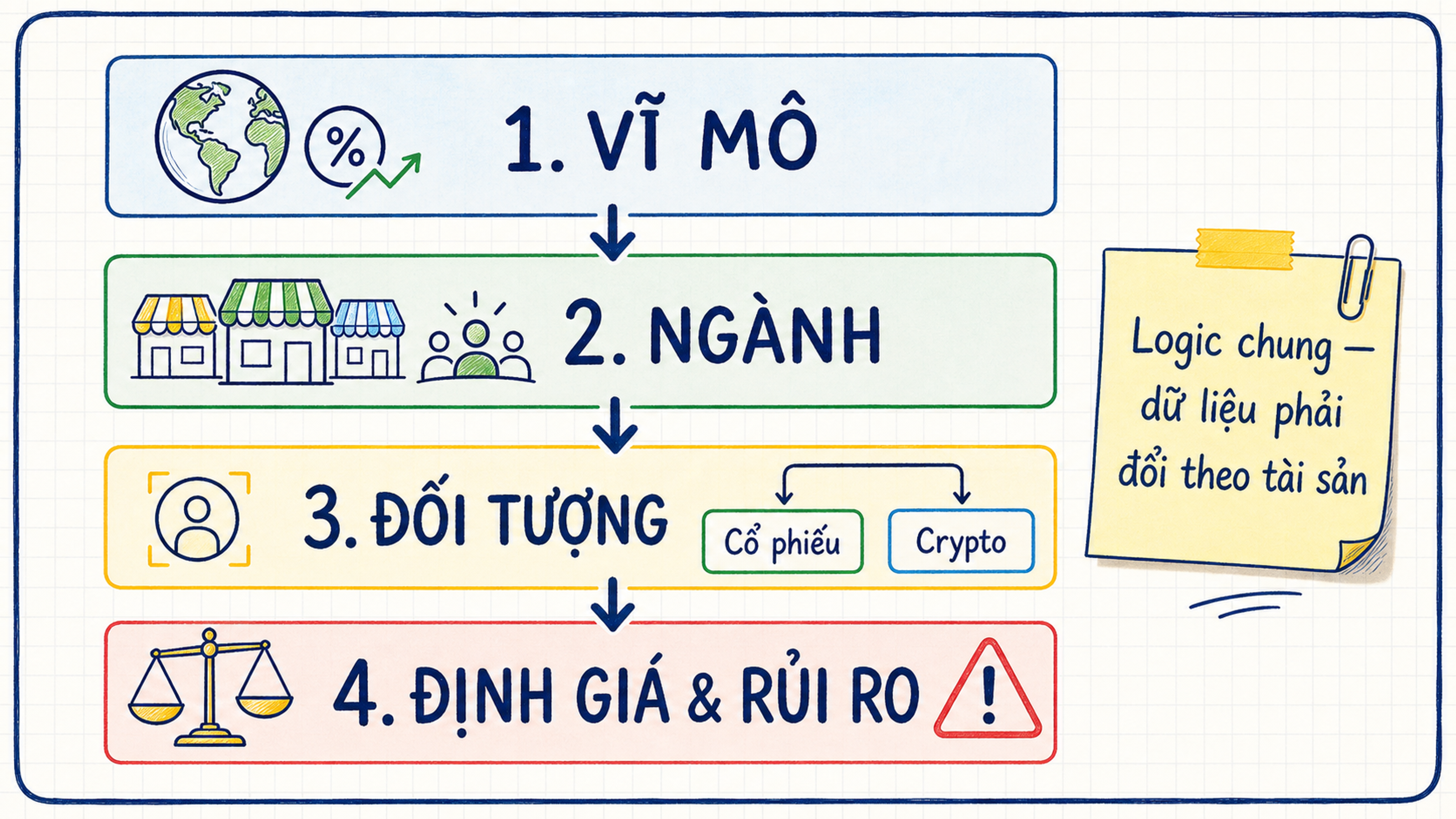 Sơ đồ bốn tầng từ vĩ mô, ngành, đối tượng đến định giá và rủi ro với hai nhánh cổ phiếu và crypto