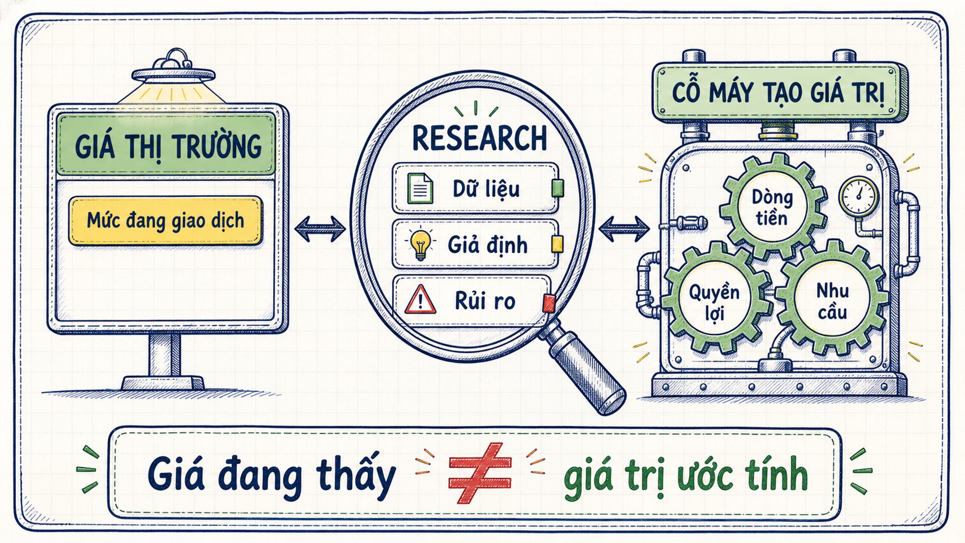 Sơ đồ kính lúp phân tích nối giá thị trường với dữ liệu, giả định, rủi ro và cỗ máy tạo giá trị của tài sản