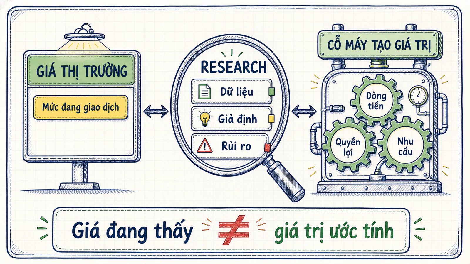 Sơ đồ kính lúp phân tích nối giá thị trường với dữ liệu, giả định, rủi ro và cỗ máy tạo giá trị của tài sản