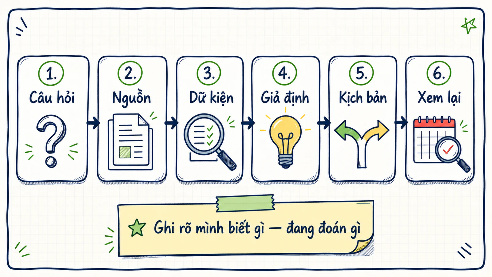 Sơ đồ sáu bước research từ câu hỏi, nguồn, dữ kiện, giả định, kịch bản đến xem lại