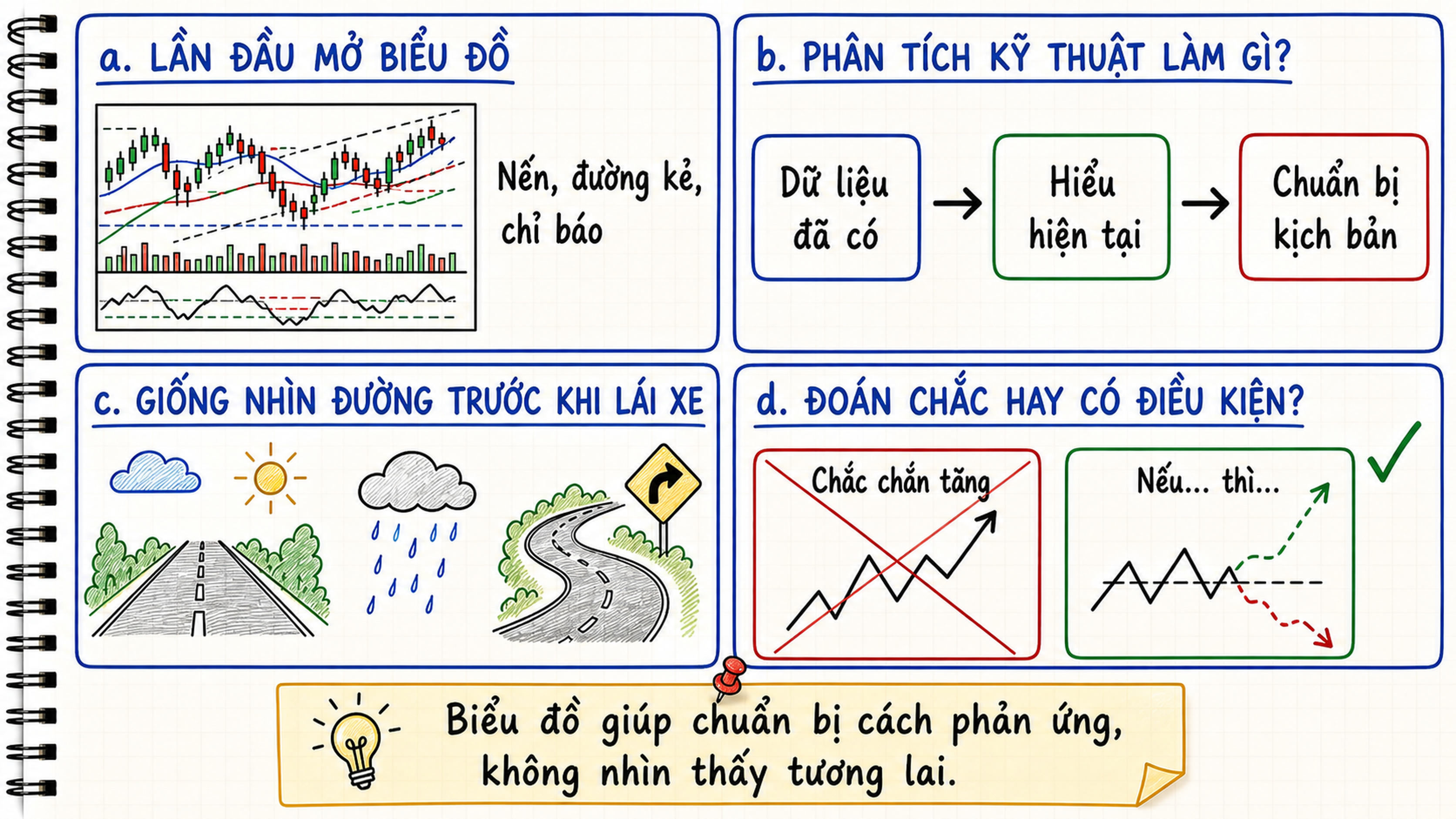 Trang sổ tay tóm tắt cảm giác ban đầu, mục đích, phép ví von lái xe và cách viết kịch bản có điều kiện