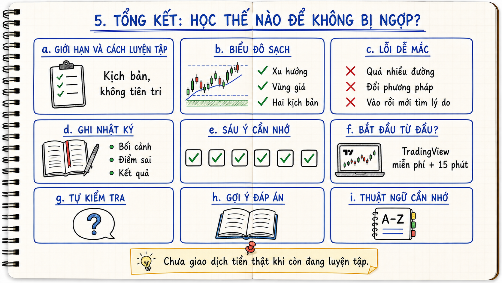 Chín ô tổng kết giới hạn, biểu đồ sạch, lỗi thường gặp, nhật ký, luyện tập và tự kiểm tra